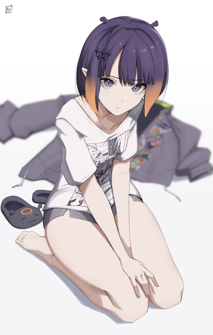 absurdres barefoot black_shorts blue_eyes breasts commentary english_commentary female highres hololive hololive_english hood hoodie ninomae_ina'nis ninomae_ina'nis_(loungewear) o22no official_alternate_costume parted_bangs pointy_ears purple_footwear purple_hair purple_hood purple_hoodie shirt short_hair short_shorts shorts slippers small_breasts solo swept_bangs t-shirt tentacle_hair unworn_hoodie unworn_slippers virtual_youtuber white_shirt