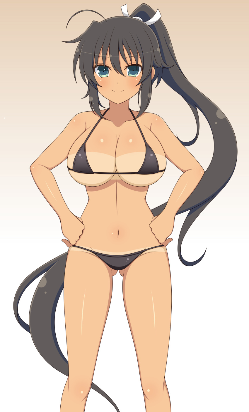 absurdres ass_visible_through_thighs bare_shoulders bikini black_bikini blue_eyes blush breasts cleavage closed_mouth commentary_request female gradient_background highres homura_(senran_kagura) ichiryuu_tsumiki large_breasts long_hair navel partial_commentary ponytail senran_kagura smile solo swimsuit tan tanlines