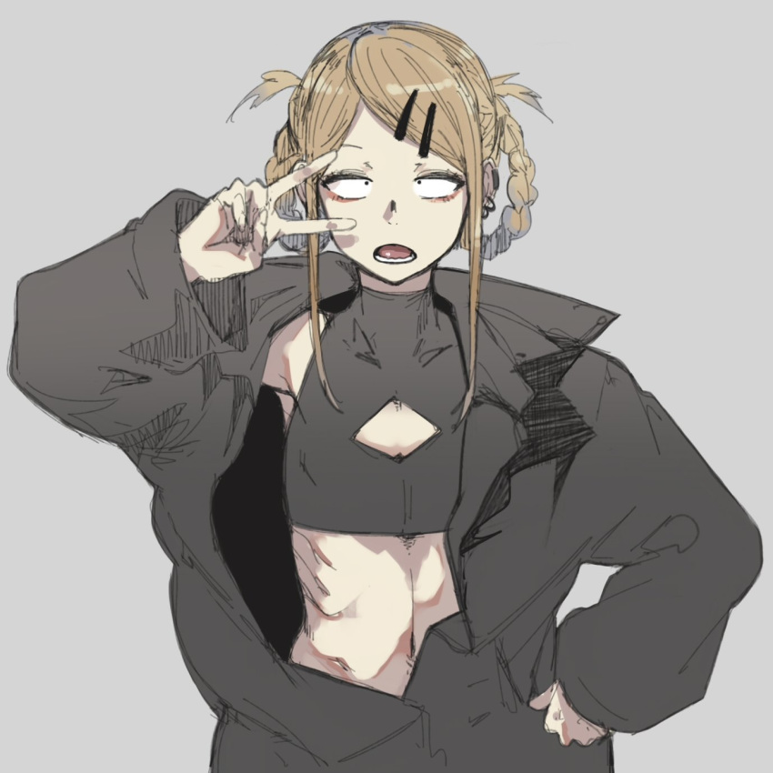 bad_id bad_twitter_id black_eyes blonde_hair braid braided_hair_rings cleavage_cutout clothing_cutout cosplay creator_connection crop_top dagashi_kashi ear_piercing earrings endou_saya ettone female fingernails flat_chest grey_background hair_ornament hairclip hand_on_own_hip highres jewelry looking_at_viewer lower_teeth_only multiple_piercings nanakusa_nazuna_(yofukashi_no_uta) nanakusa_nazuna_(yofukashi_no_uta)_(cosplay) navel open_mouth piercing ribs sanpaku simple_background sleeveless sleeveless_turtleneck sleeves_past_wrists solo straight-on teeth tongue trait_connection turtleneck twin_braids upper_body v v_over_eye yofukashi_no_uta