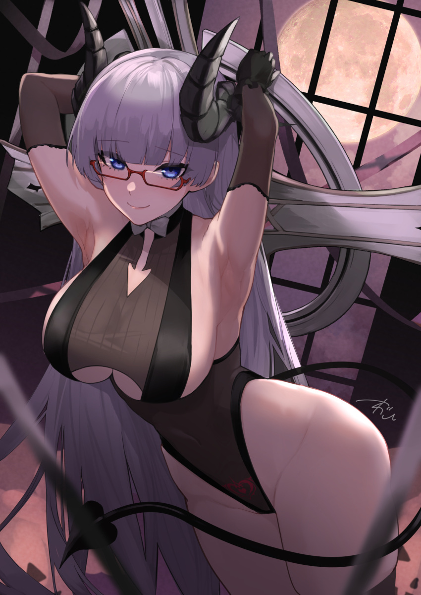 armpits arms_behind_head azur_lane black_leotard breasts clothing_cutout covered_navel crescent_moon cross curled_horns demon_horns demon_tail elbow_gloves female glasses gloves gneisenau_(azur_lane) gneisenau_(nightmarish_succubus)_(azur_lane) grey_hair halloween_costume highleg highleg_leotard highres horns leotard long_hair moon official_alternate_costume oregano_(olgn_eao) rectangular_eyewear red-framed_eyewear revision solo tail underboob_cutout