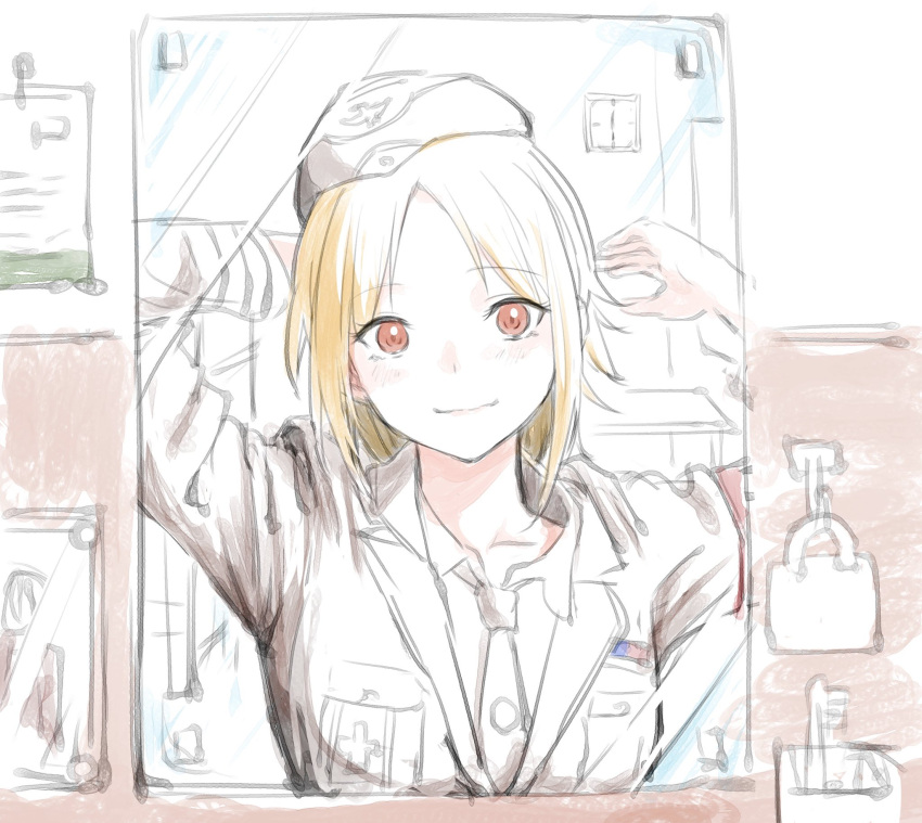 adjusting_hair arms_up blonde_hair commentary_request female girls'_frontline hat highres long_hair looking_at_viewer military military_hat military_uniform mirror mp40_(girls'_frontline) necktie red_eyes reflection shinoe_nun smile solo uniform