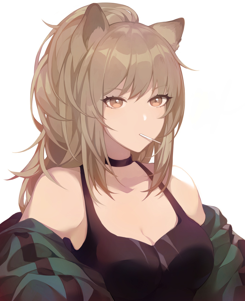 absurdres alternate_costume animal_ears arknights bad_id bad_pixiv_id bare_shoulders black_choker black_tank_top breasts brown_eyes brown_hair choker cleavage commentary female green_jacket highres jacket large_breasts lion_ears long_hair looking_at_viewer mouth_hold off_shoulder official_alternate_costume saibe siege_(arknights) siege_(legacy)_(arknights) simple_background solo tank_top upper_body white_background