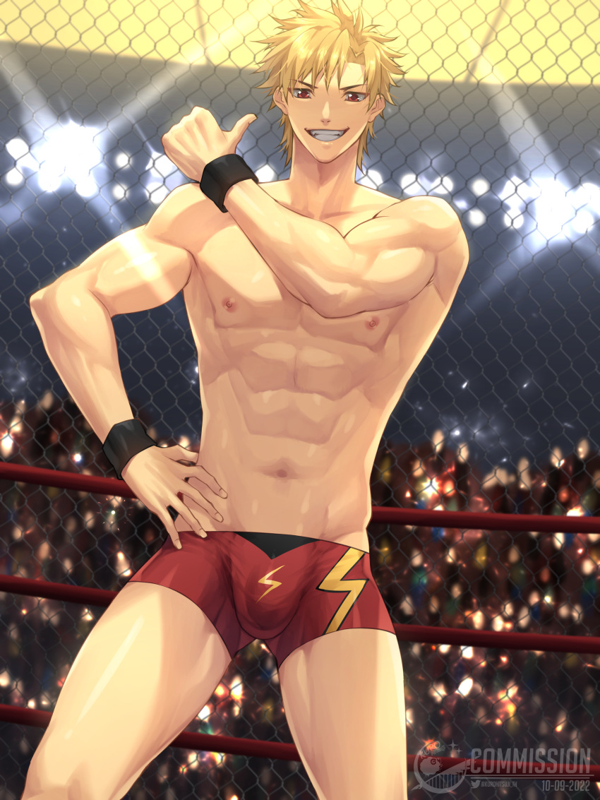 1boy abs absurdres bara blonde_hair boxing bulge commission copyright_request dated highres kurohitsuji_lim male_focus muscular muscular_male nipples red_eyes self-upload solo