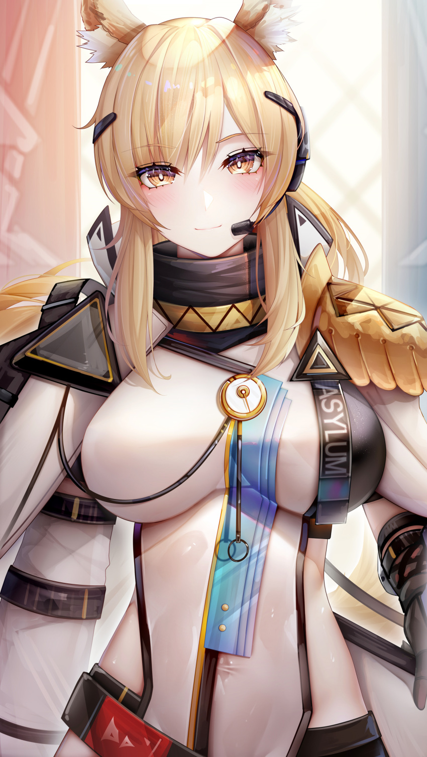 absurdres animal_ear_fluff animal_ears arknights armor bad_bilibili_id bad_id belt binggong_asylum black_gloves blonde_hair blush breasts bright_pupils brown_eyes cape chinese_commentary closed_mouth commentary_request covered_navel cowboy_shot detached_sleeves female gloves headset highres horse_ears horse_girl horse_tail impossible_clothes large_breasts long_sleeves looking_at_viewer nearl_(arknights) nearl_the_radiant_knight_(arknights) official_alternate_costume see-through shoulder_armor sideboob single_detached_sleeve single_sleeve smile solo tail white_cape