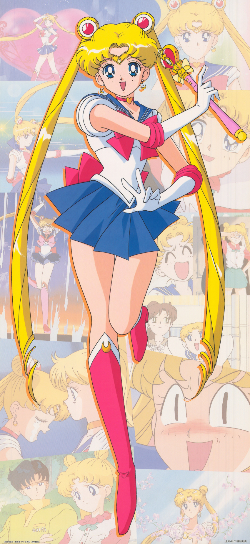 1990s_(style) 1boy 3girls :d absurdres aino_minako back_bow bishoujo_senshi_sailor_moon bishoujo_senshi_sailor_moon_s blonde_hair blue_eyes blue_skirt blush boots bow casual chiba_mamoru choker closed_eyes crescent crescent_earrings double_bun earrings elbow_gloves full_body gloves hair_bun happy heart heart_choker highres holding holding_wand itou_ikuko jewelry kino_makoto kino_makoto's_school_uniform knee_boots leg_up leotard long_hair looking_at_viewer magical_girl miniskirt multiple_girls non-web_source nose_blush official_art open_mouth pink_footwear pleated_skirt pose princess_serenity red_choker retro_artstyle sailor_moon sailor_senshi sailor_senshi_uniform sailor_venus scan school_uniform skirt smile solo_focus spiral_heart_moon_rod tiara tsukino_usagi twintails very_long_hair wand white_gloves white_leotard