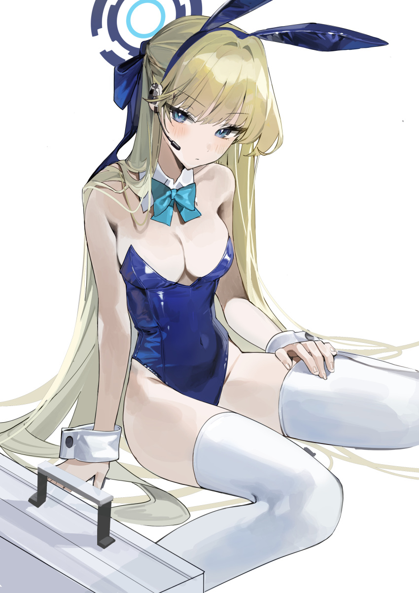 absurdres animal_ears aqua_bow aqua_bowtie bare_shoulders blonde_hair blue_archive blue_eyes blue_halo blue_leotard blush bow bowtie breasts buri_(retty9349) cleavage closed_mouth detached_collar fake_animal_ears female halo headset highleg highleg_leotard highres leotard long_hair looking_at_viewer medium_breasts official_alternate_costume playboy_bunny rabbit_ears simple_background sitting solo strapless strapless_leotard thighhighs thighs toki_(blue_archive) toki_(bunny)_(blue_archive) white_background white_thighhighs