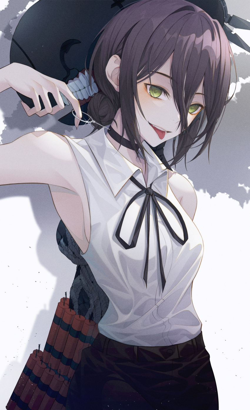 :p absurdres armpits belt black_belt black_choker black_hair black_pants black_ribbon bomb bomb_devil_(chainsaw_man) breasts chainsaw_man choker collared_shirt commentary cowboy_shot dynamite explosive female ginong green_eyes grenade_pin hair_between_eyes hair_bun hand_up highres looking_at_viewer medium_breasts medium_hair neck_ribbon open_mouth pants reze_(chainsaw_man) ribbon shirt sideboob single_hair_bun sleeveless sleeveless_shirt solo teeth tongue tongue_out white_shirt