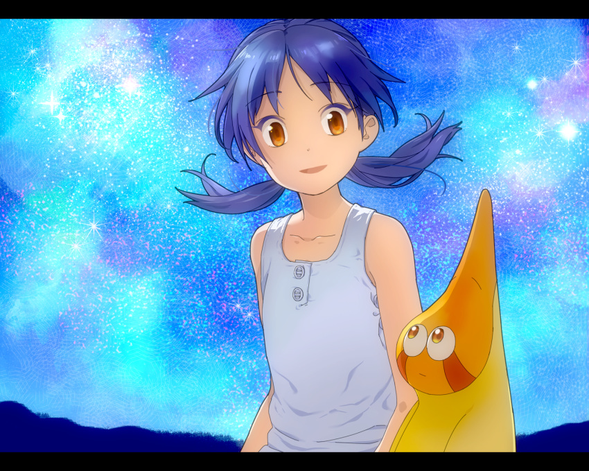 arms_at_sides bare_shoulders blue_hair blue_sky brown_eyes cloud eyelashes female flat_chest floating_hair highres hill hoshimaru letterboxed long_hair looking_at_another looking_at_viewer looking_up narutaru night night_sky outdoors parted_lips pico_(user_kgxh8534) raised_eyebrows single_bare_shoulder sky sleeveless smile solo sparkle star_(sky) starry_sky tamai_shiina tank_top twintails white_tank_top