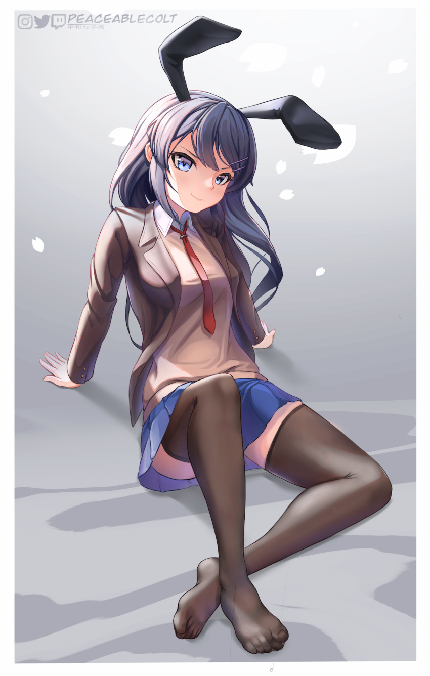 animal_ears arm_support artist_name black_hair blazer blue_eyes blue_skirt border breasts brown_jacket brown_sweater female highres instagram_logo jacket long_hair medium_breasts necktie peaceablecolt rabbit_ears red_necktie sakurajima_mai seishun_buta_yarou shirt skirt smile solo sweater thighhighs thighs twitch_logo twitter_logo white_border white_shirt