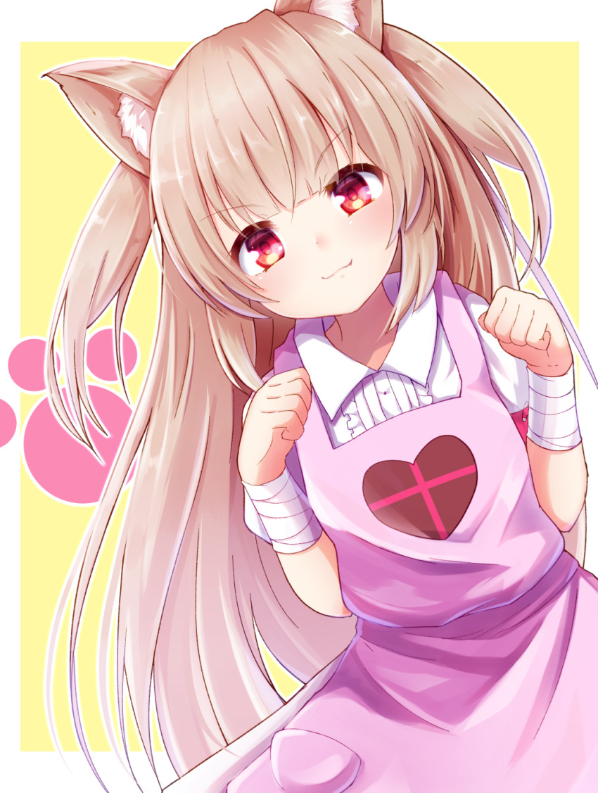 >:) animal_ear_fluff animal_ears apron bandaged_arm bandages baram brown_hair center_frills clip_studio_paint_(medium) closed_mouth collared_shirt commentary_request female frills hands_up heart highres kemonomimi_mode leaning_to_the_side long_hair natori_sana paw_pose pink_apron red_eyes sana_channel shirt smile solo two-tone_background two_side_up v-shaped_eyebrows very_long_hair virtual_youtuber white_background white_shirt yellow_background