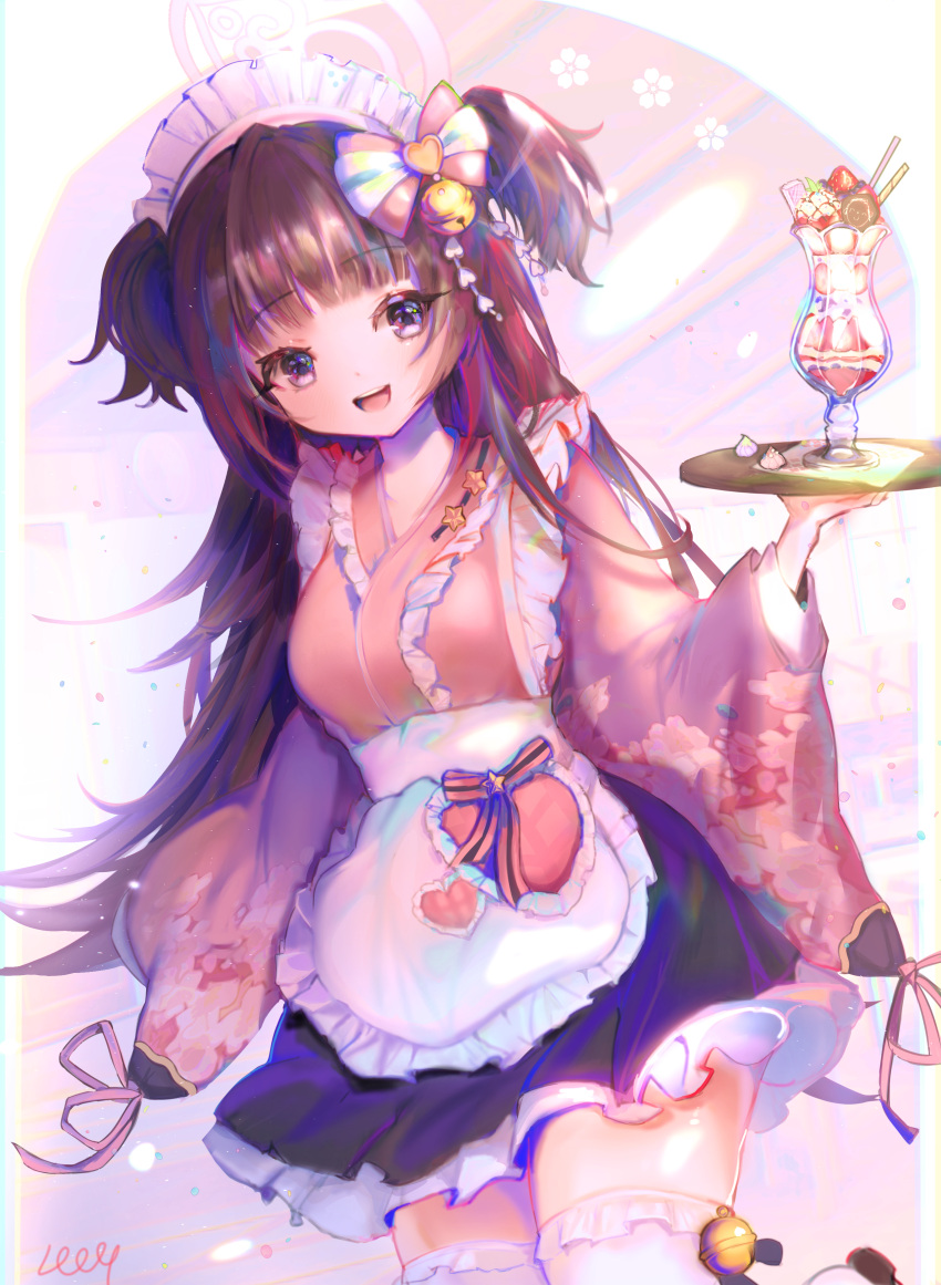 10_04ten absurdres apron bad_id bad_pixiv_id bell black_hair blue_archive blue_bow blush bow bush commentary dress eyes_visible_through_hair female floral_print frilled_apron frilled_dress frilled_kimono frills hair_ornament hairbow highres japanese_clothes jingle_bell kimono long_hair long_sleeves looking_at_viewer maid maid_apron maid_headdress multicolored_bow open_mouth petticoat pink_bow pink_kimono pink_ribbon print_kimono purple_eyes ribbon shizuko_(blue_archive) solo surprised symbol-only_commentary thighhighs two_side_up v-shaped_eyebrows very_long_hair wa_maid waist_apron white_apron white_background white_bow white_thighhighs wide_sleeves