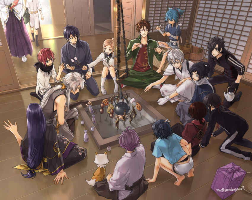 6+boys ahoge basket black_hair black_scarf blue_eyes blue_hair bow brown_eyes brown_hair choko_(cup) cup eyepatch food fox hairbow hakama hakama_skirt houchou_toushirou indian_style japanese_clothes jirou_tachi kasen_kanesada kashuu_kiyomitsu kogitsunemaru konnosuke long_hair low-tied_long_hair male_focus marshmallow mikazuki_munechika mole mole_under_eye monoyoshi_sadamune multiple_boys namazuo_toushirou open_mouth otegine photoshop_(medium) ponytail pot purple_hair red_eyes red_scarf sayo_samonji scarf seiza shinano_toushirou shokudaikiri_mitsutada shorts sitting skirt smile sunomata taikogane_sadamune tarou_tachi touken_ranbu track_suit tsurumaru_kuninaga white_hair white_scarf yamato-no-kami_yasusada yellow_eyes