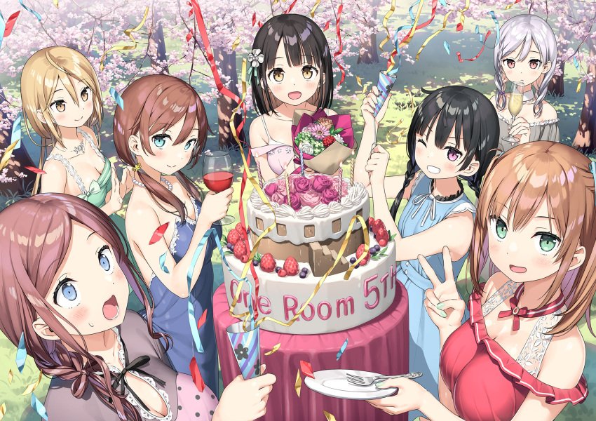 6+girls :d amatsuki_mashiro animal_ears aoshima_moka bare_arms bare_shoulders black_hair blue_dress blue_eyes blush bouquet braid breasts brown_eyes brown_hair cat_ears character_request cleavage commentary_request copyright_name day dress flower fork green_dress green_eyes green_nails grey_dress grey_hair grin hair_between_eyes hair_over_shoulder hanasaka_yui highres holding holding_bouquet holding_plate jewelry kantoku kotokawa_akira long_hair low_twintails medium_breasts momohara_natsuki multiple_girls nail_polish nanahashi_minori necklace off-shoulder_dress off_shoulder one_eye_closed one_room outdoors party_popper pearl_necklace pink_dress pink_flower plate purple_eyes red_dress red_eyes red_flower rose sleeveless sleeveless_dress smile strapless strapless_dress streamers tree twin_braids twintails v v-shaped_eyebrows white_flower white_rose