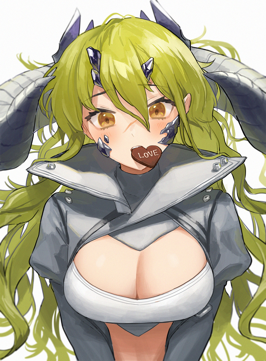 arknights blush breasts brown_eyes candy chocolate cleavage estelle_(arknights) female food green_hair hair_between_eyes heart heart-shaped_chocolate high_collar highres horns jfjf large_breasts long_hair long_sleeves md5_mismatch messy_hair mouth_hold scar scar_across_eye scar_on_face simple_background solo valentine white_background