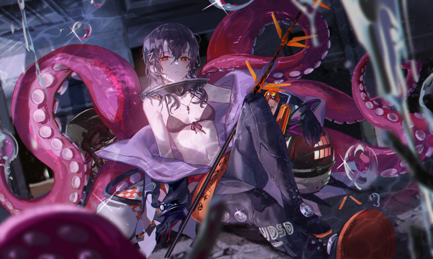 bikini bikini_top_only black_bikini black_hair bodysuit breasts collar diving_helmet diving_suit dry_suit female girls'_frontline girls'_frontline_neural_cloud gloves hair_between_eyes hair_ornament hairclip halterneck hatsuchiri_(neural_cloud) helmet highres hitokoto jewelry key key_necklace long_hair looking_at_viewer metal_collar navel necklace open_clothes open_wetsuit red_eyes sitting small_breasts solo swimsuit tentacle unworn_headwear unworn_helmet wet wetsuit