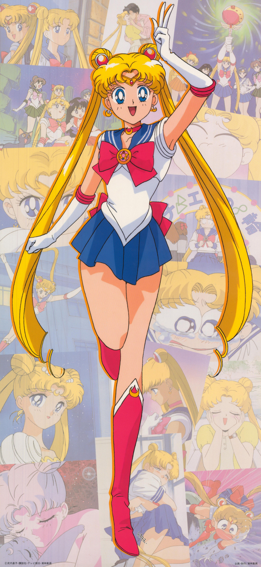 1990s_(style) 1boy 5girls :d absurdres aino_minako arm_up back_bow bishoujo_senshi_sailor_moon bishoujo_senshi_sailor_moon_r blonde_hair blue_eyes blue_sailor_collar blue_skirt boots bow brooch chiba_mamoru choker closed_eyes crescent crescent_choker crescent_earrings crescent_facial_mark crying crystal_star_(sailor_moon) cutie_moon_rod double_bun drop_shadow earrings elbow_gloves facial_mark feline flower forehead_mark gloves hair_bun happy highres hino_rei holding holding_wand inner_senshi jewelry juuban_middle_school_uniform kino_makoto kissing knee_boots leg_up leotard long_hair looking_at_viewer luna_(sailor_moon) magical_girl miniskirt mizuno_ami multiple_girls non-web_source official_art open_mouth parted_bangs pink_flower pleated_skirt red_bow red_choker red_footwear retro_artstyle sailor_collar sailor_jupiter sailor_mars sailor_mercury sailor_moon sailor_senshi sailor_senshi_uniform sailor_venus scan school_uniform skirt smile straight tadano_kazuko tears tiara tsukino_usagi twintails very_long_hair w wand white_gloves white_leotard