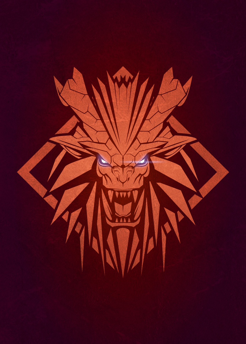 absurdres blue_eyes glowing glowing_eyes highres horns logo monster monster_hunter:_world monster_hunter_(series) no_humans open_mouth simple_background symbol tacuyanjun teostra the_witcher_(series) the_witcher_3 thorns