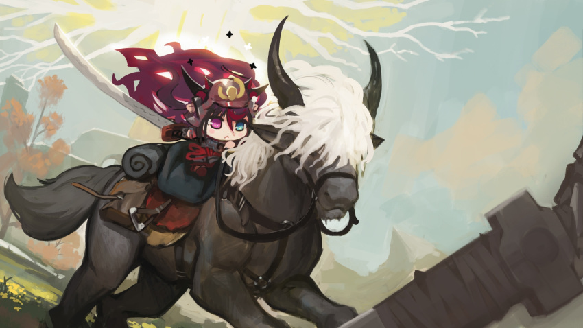 :< animal_ears armor blue_eyes chibi cloud commentary cosplay elden_ring erdtree_(elden_ring) female helmet heterochromia highres hololive hololive_english horns horse horseback_riding irys_(hololive) japanese_armor kabuto_(helmet) katana long_hair mountain mountainous_horizon outdoors paintrfiend pointy_ears purple_eyes red_hair riding ruins saddle saddlebags samurai samurai_(elden_ring) samurai_(elden_ring)_(cosplay) sky solo sun sword tarnished_(elden_ring) torrent_(elden_ring) tree virtual_youtuber weapon