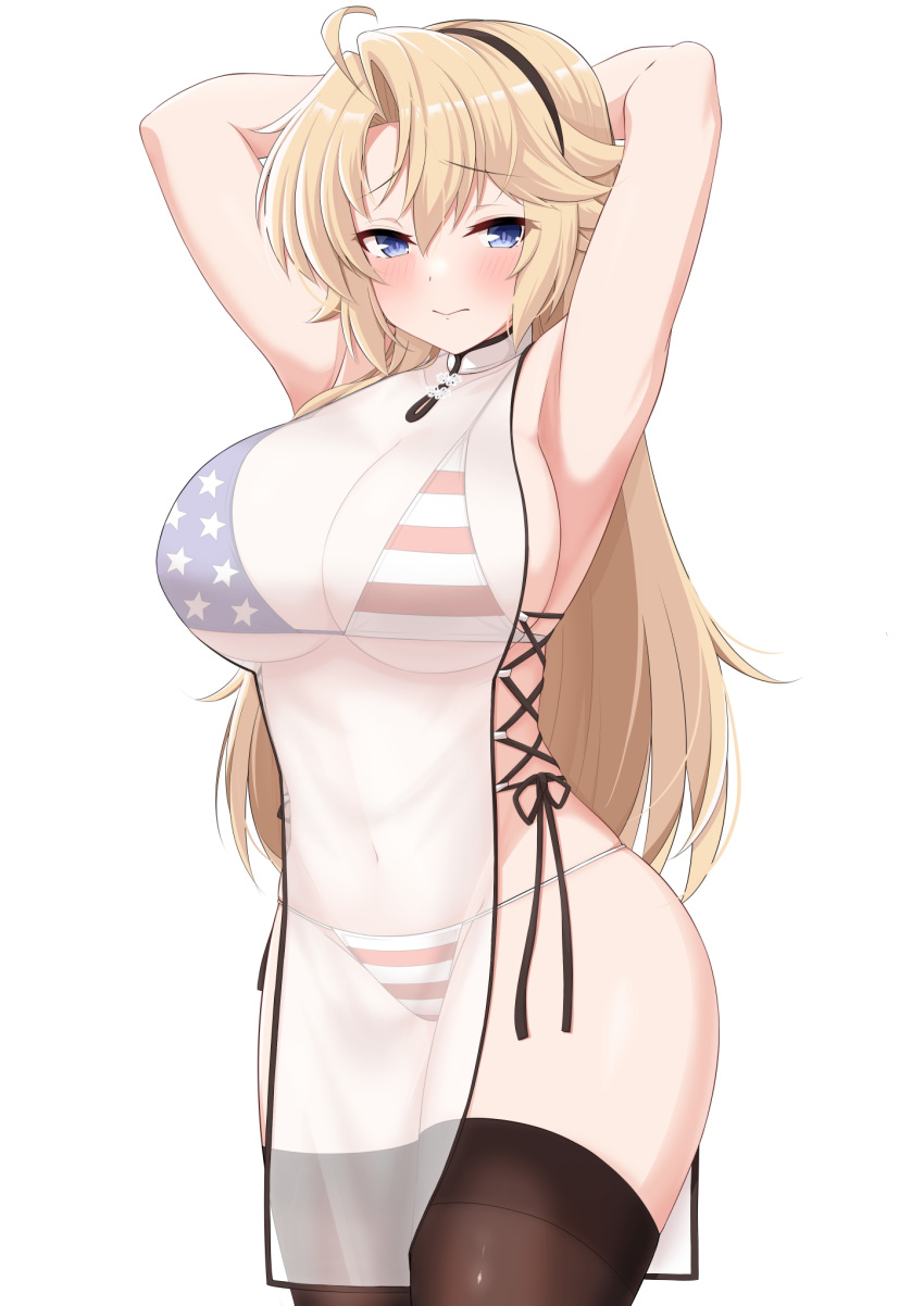 american_flag american_flag_bikini american_flag_print armpits arms_up bikini black_thighhighs blue_eyes blush breasts china_dress chinese_clothes commentary_request commission dress female flag_print highres kohagura_ellen large_breasts long_hair looking_at_viewer maruta_(denmasked) presenting_armpit print_bikini see-through see-through_dress side_slit sideless_outfit skeb_commission solo swimsuit thighhighs thighs toji_no_miko white_background