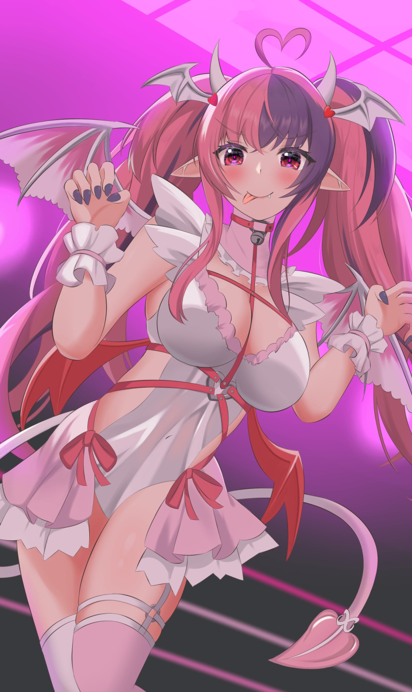 absurdres asymmetrical_legwear bell blush breasts chest_belt choker claw_pose cleavage demon_horns demon_tail demon_wings dress female frilled_sleeves frilled_wrist_cuffs frills highres horns ironmouse ironmouse_(demon_form) isolatte jingle_bell large_breasts long_hair looking_at_viewer low_wings miniskirt multicolored_hair multiple_wings nail_polish o-ring o-ring_choker o-ring_thigh_strap oerba_yun_fang pink_choker pink_hair pink_skirt pink_thighhighs pointy_ears purple_hair purple_nails red_eyes short_sleeves skirt smile solo streaked_hair tail thigh_strap thighhighs tongue tongue_out twintails two_side_up virtual_youtuber vshojo white_dress white_wrist_cuffs wings wrist_cuffs