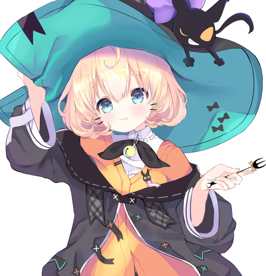 black_cat black_hat black_jacket blonde_hair blue_eyes bow english_commentary feline female fork hat hat_bow highres holding holding_fork jacket lucie_(millie_parfait) mashimyu millie_parfait millie_parfait_(1st_costume) nijisanji nijisanji_en off_shoulder orange_eyes orange_sweater purple_bow shirt smile solo sweater virtual_youtuber white_background white_shirt witch_hat