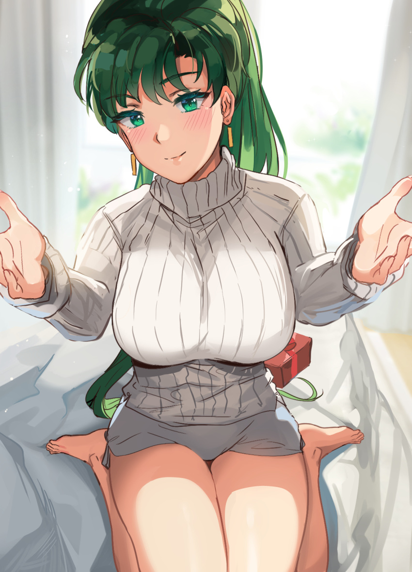 asymmetrical_bangs blush box breasts earrings female fire_emblem fire_emblem:_the_blazing_blade gift gift_box green_eyes green_hair high_ponytail highres jewelry large_breasts long_hair long_sleeves looking_at_viewer lyn_(fire_emblem) ormille outstretched_arms ponytail raised_eyebrow ribbed_sweater sitting smile solo sweater thighs turtleneck turtleneck_sweater wariza white_sweater