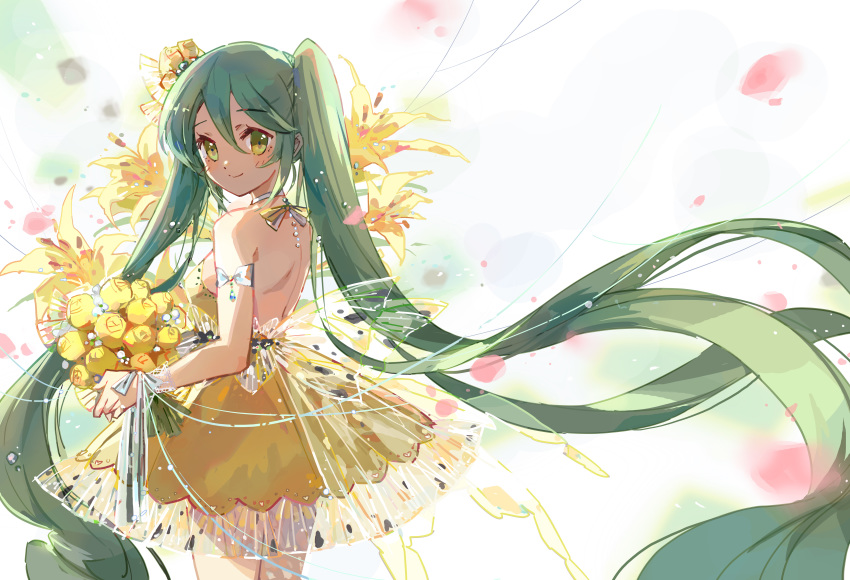 absurdly_long_hair absurdres bare_shoulders blush bouquet chinese_commentary closed_mouth commentary dress female flower from_behind green_eyes green_hair hair_between_eyes hair_flower hair_ornament hatsune_miku highres holding holding_bouquet long_hair looking_at_viewer looking_back photoshop_(medium) redrawn see-through shadowsinking smile solo strapless strapless_dress twintails very_long_hair vocaloid white_background yellow_dress yellow_flower