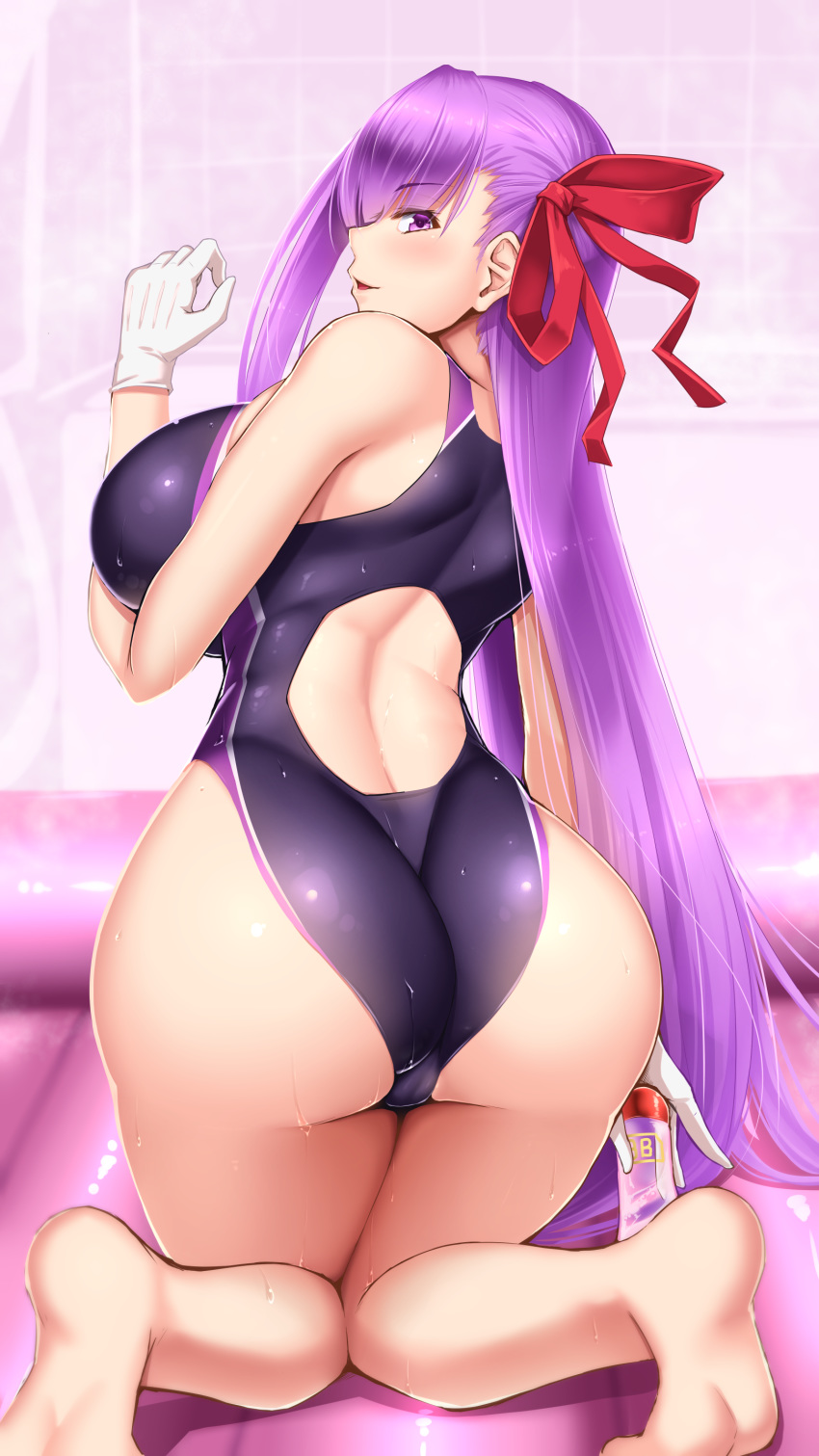 absurdres air_mattress akitsuki_karasu arm_at_side ass back back_cutout bare_shoulders barefoot bathroom bathtub bb_(fate) bb_(fate/extra) blush bottle breasts clothing_cutout commentary_request competition_swimsuit eyelashes fanbox_reward fate/extra fate/extra_ccc fate_(series) feet female from_behind gloves hair_between_eyes hair_ribbon hand_up highleg highleg_swimsuit highres holding holding_bottle kneeling large_breasts long_hair looking_at_viewer looking_back lotion lotion_bottle mat_play one-piece_swimsuit paid_reward parted_lips purple_eyes purple_hair purple_one-piece_swimsuit red_ribbon ribbon shiny_swimsuit shoulder_blades sidelocks smile soapland solo swimsuit thighs tile_wall tiles very_long_hair wet white_gloves