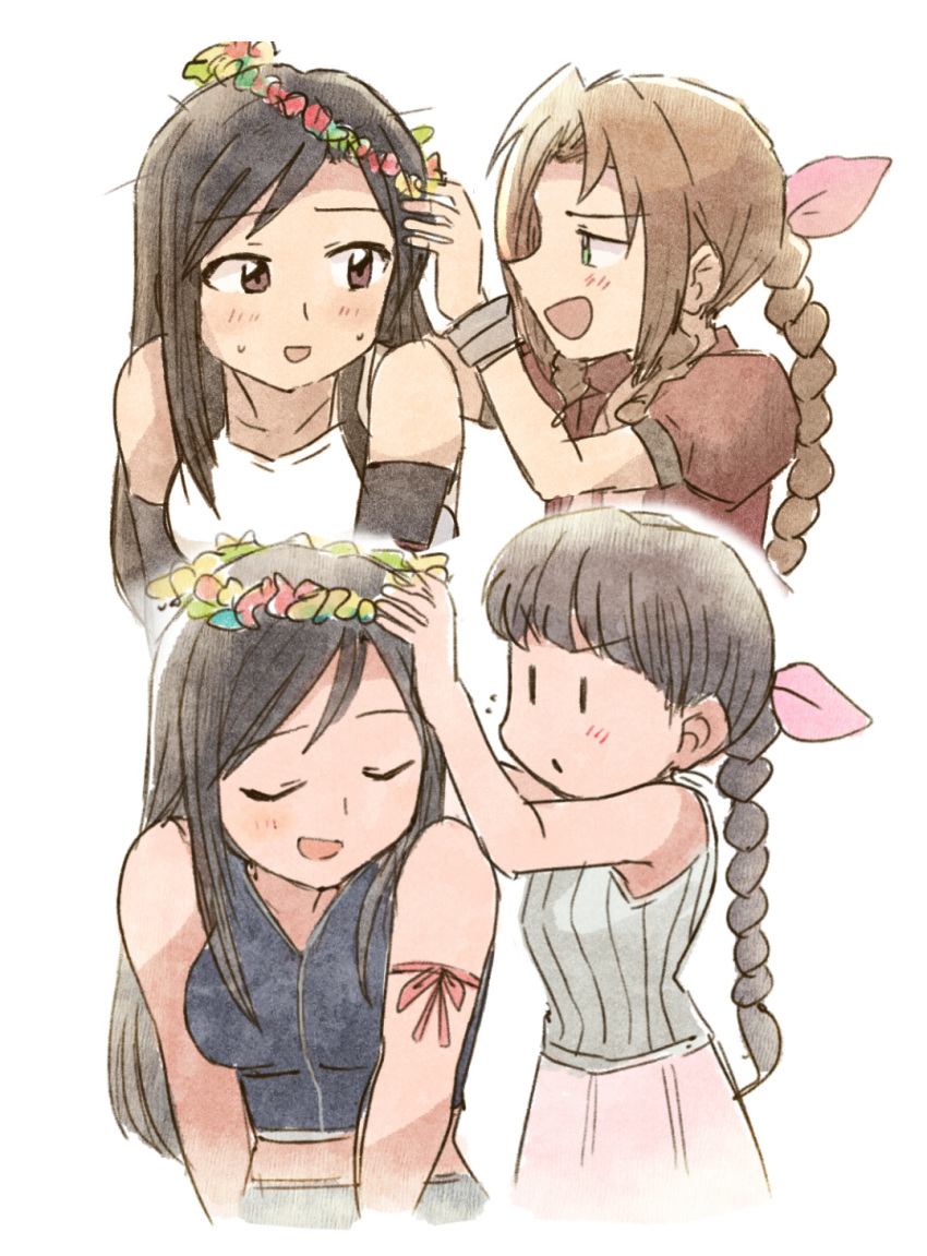 3girls aerith_gainsborough arm_ribbon asymmetrical_hair black_hair black_shirt blush bracelet braid braided_ponytail breasts brown_eyes brown_hair closed_eyes final_fantasy final_fantasy_vii final_fantasy_vii_advent_children green_eyes grey_shirt hair_ribbon head_wreath highres jacket jewelry large_breasts lolicon long_hair marlene_wallace multiple_girls multiple_views parted_bangs pink_skirt puffy_short_sleeves puffy_sleeves red_jacket ribbon shirt short_sleeves sidelocks skirt sweatdrop tifa_lockhart tsubobot upper_body white_background white_shirt