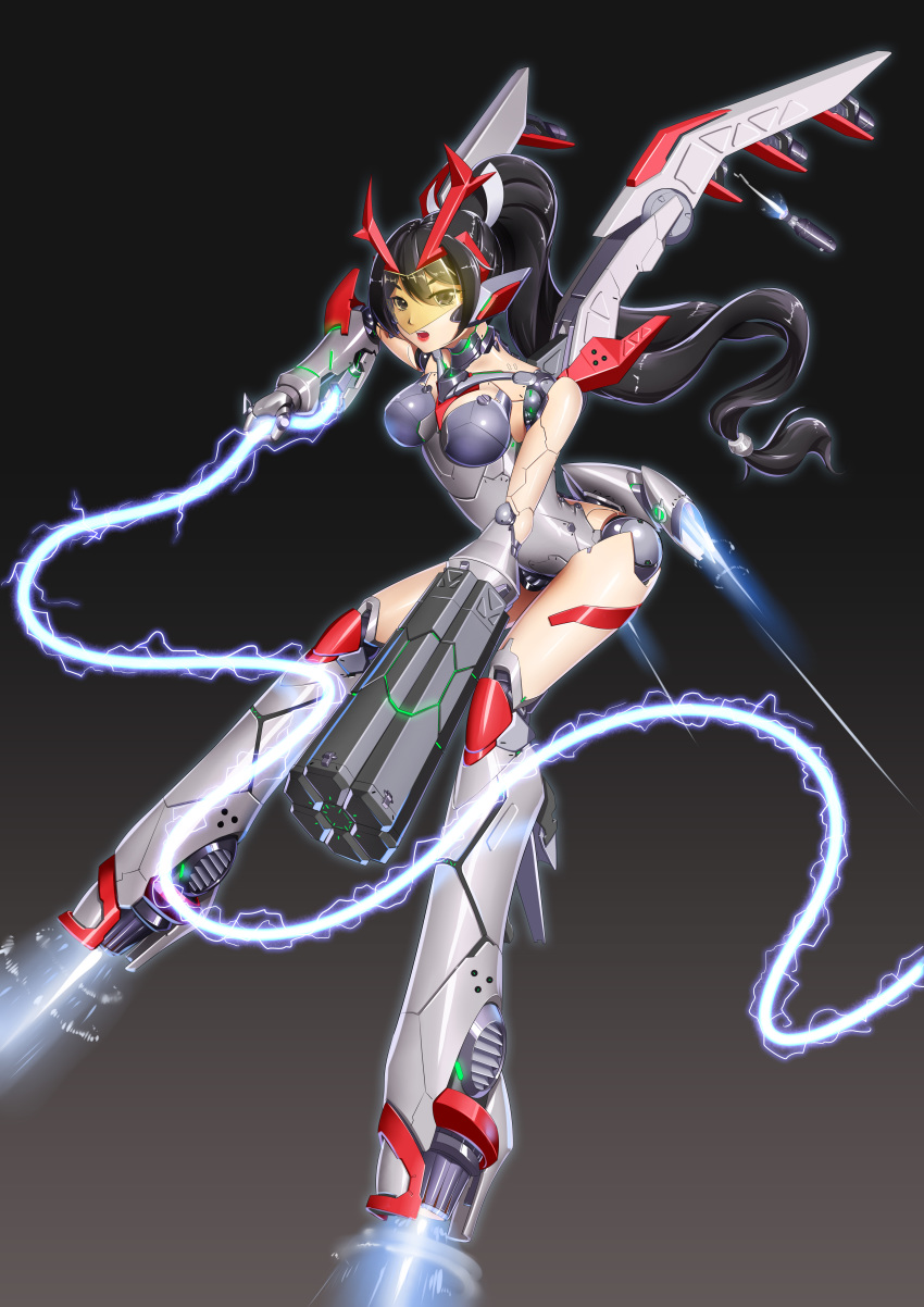 absurdres android arm_cannon black_eyes black_hair bzs_(kage_no_shinobu) commentary_request energy_whip female full_body gradient_background highres joints long_hair mechanical_wings original photoshop_(medium) ponytail robot_joints science_fiction simple_background solo thrusters very_long_hair visor weapon whip wings