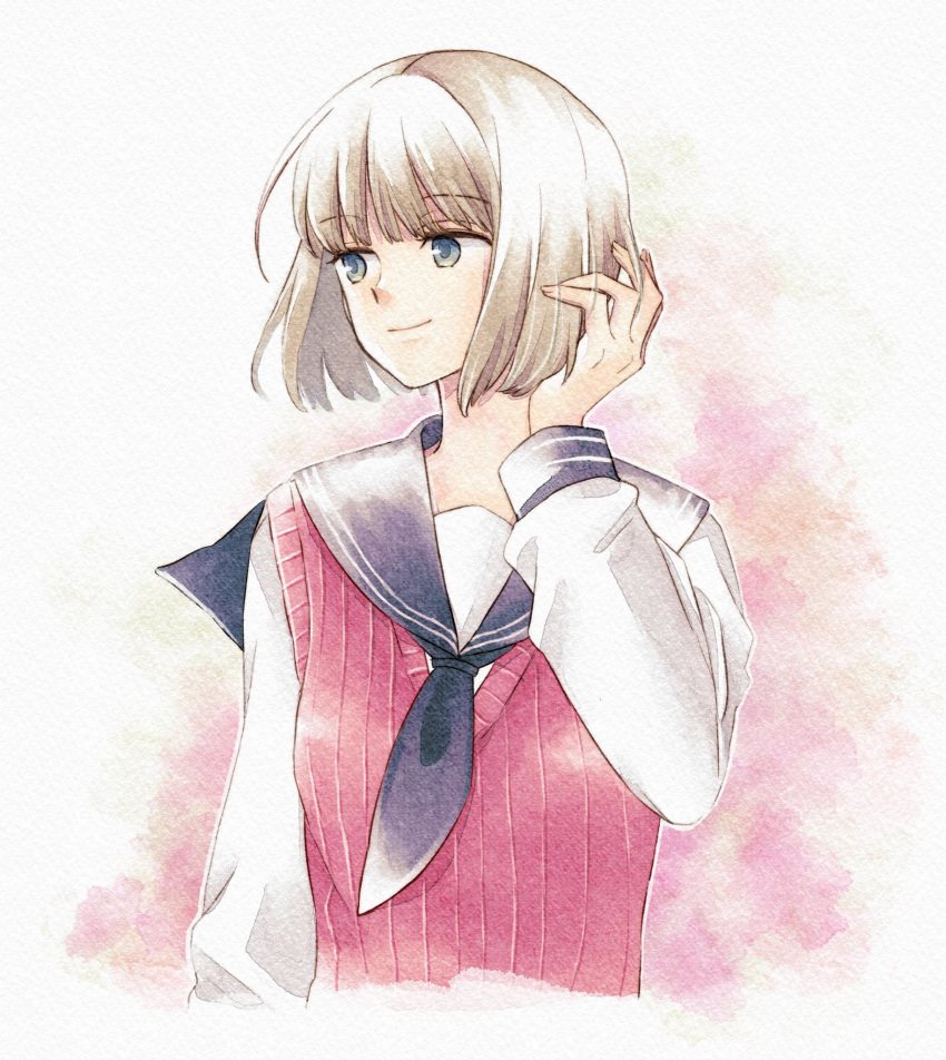 arm_at_side black_neckerchief blunt_bangs bob_cut brown_hair closed_mouth female floating_hair hand_up highres long_sleeves looking_away looking_to_the_side nasu_rei neckerchief painting_(medium) school_uniform serafuku seto_taichi short_hair smile solo sweater_vest traditional_media upper_body watercolor_(medium) world_trigger