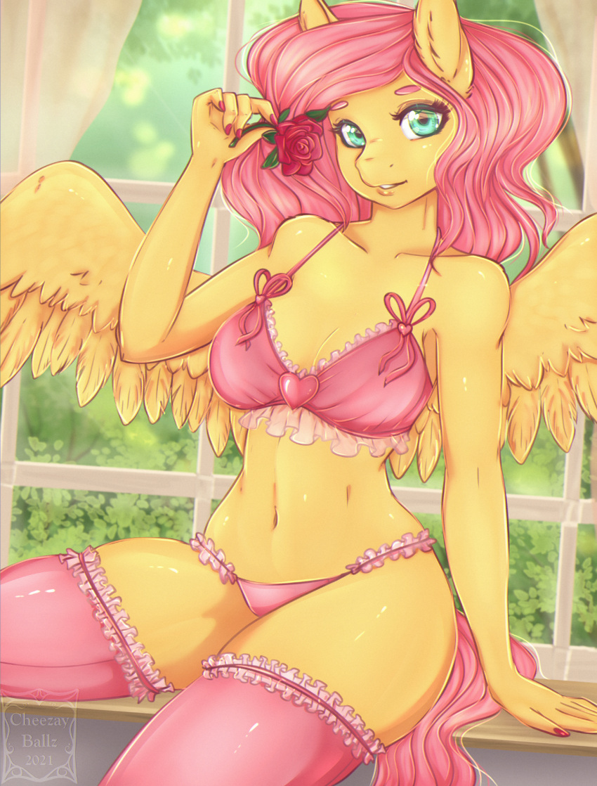 2021 5_fingers anthro bra cheezayballz clothing digital_media_(artwork) equid equine eyelashes female fingers flower fluttershy_(mlp) friendship_is_magic hasbro hi_res inside legwear looking_at_viewer mammal my_little_pony mythological_creature mythological_equine mythology navel pegasus plant rose_(flower) solo spread_wings underwear wings