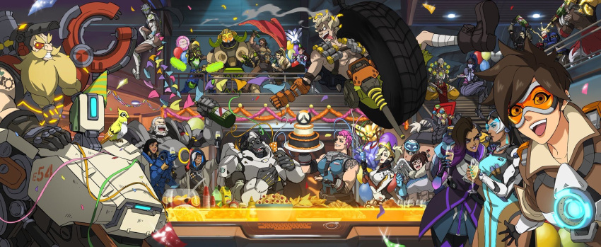 6+boys 6+girls absolutely_everyone alcohol ana_(overwatch) arm_tattoo armor assault_visor balloon bandaged_leg bandages bastion_(overwatch) beard bird black_hair blonde_hair bodysuit brown_hair building burn_scar cake cake_slice cape cassidy_(overwatch) champagne champagne_bottle chest_harness closed_mouth collared_shirt commentary confetti crossed_legs cup d.va_(overwatch) dark-skinned_female dark-skinned_male dark_skin doomfist_(overwatch) dress drinking_glass english_commentary everyone explosive eyepatch facial_hair facial_tattoo fire flag food gauntlets genji_(overwatch) giorgia_lenzi gloves goggles green_visor grenade hanzo_(overwatch) harness hat highres junkrat_(overwatch) long_dress looking_at_another looking_at_viewer looking_to_the_side lucio_(overwatch) mature_female mature_male mei_(overwatch) mercy_(overwatch) microphone multicolored_hair multiple_boys multiple_girls multiple_others music oerba_yun_fang old old_man open_mouth orisa_(overwatch) overwatch overwatch_1 pants party party_hat pharah_(overwatch) pink_hair prosthesis prosthetic_arm prosthetic_leg reaper_(overwatch) reinhardt_(overwatch) roadhog_(overwatch) robot scar scar_across_eye shirt singing sitting skirt soldier:_76_(overwatch) sombra_(overwatch) spiked_hair stairs symmetra_(overwatch) table tattoo teeth tight_clothes tongue topless topless_male torbjorn_(overwatch) tracer_(overwatch) tusks wheel white_hair widowmaker_(overwatch) wine wine_glass winston_(overwatch) zarya_(overwatch) zenyatta_(overwatch)