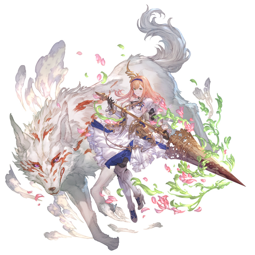 armor black_gloves black_pants breasts dress elbow_gloves enyo_(granblue_fantasy) female full_body gloves granblue_fantasy greaves green_eyes hairband high_heels holding holding_polearm holding_weapon knee_pads lance long_hair looking_at_viewer medium_breasts official_art orange_hair pants petals polearm shoulder_armor sleeveless sleeveless_dress smile solo transparent_background vambraces weapon white_dress white_footwear wolf