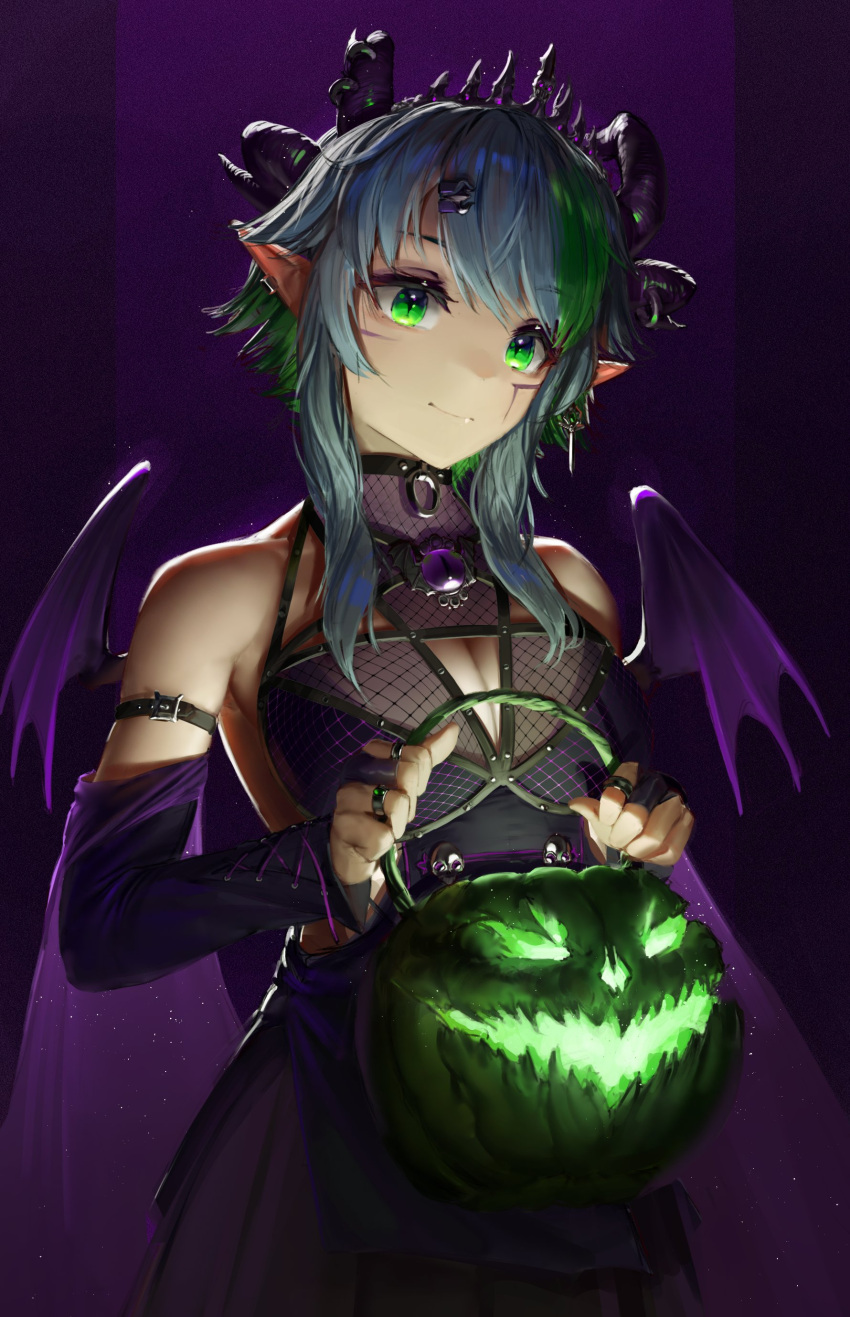 absurdres apricot_the_lich apricot_the_lich_(1st_costume) black_dress blue_hair breasts cleavage cleavage_cutout closed_mouth clothing_cutout demon_wings detached_sleeves dress female green_eyes green_hair halloween_bucket highres horns looking_at_viewer medium_breasts multicolored_hair multiple_horns numanoan pointy_ears short_hair_with_long_locks solo streaked_hair tiara virtual_youtuber vshojo wings