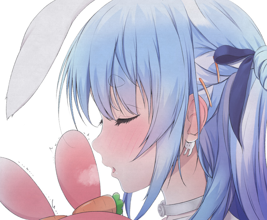 absurdres animal_ears blowing_in_ear blue_hair blue_ribbon blush breath choker closed_eyes ear_blush earrings extra_ears female from_side hair_ornament hair_ribbon hairclip highres hololive jewelry long_hair maccaron61 multicolored_hair parted_lips pekomon_(usada_pekora) portrait profile rabbit_ears ribbon simple_background solo streaked_hair thick_eyebrows usada_pekora usada_pekora_(casual) virtual_youtuber white_background white_choker white_hair