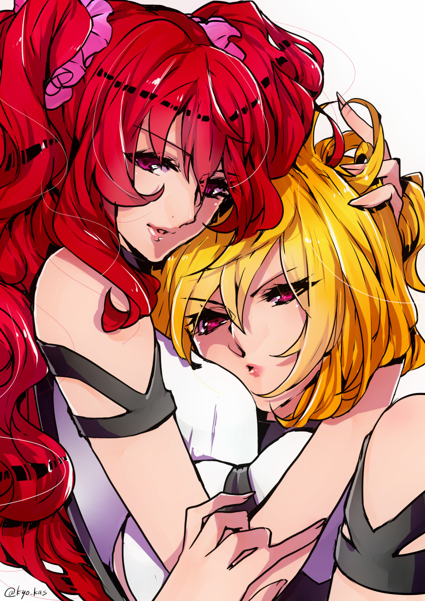 2girls absurdres angelise_ikaruga_misurugi blonde_hair commentary_request cross_ange hand_in_own_hair highres hilda_(cross_ange) hug huxoran77 long_hair multiple_girls painttool_sai_(medium) parted_lips red_eyes red_hair short_hair twintails yuri