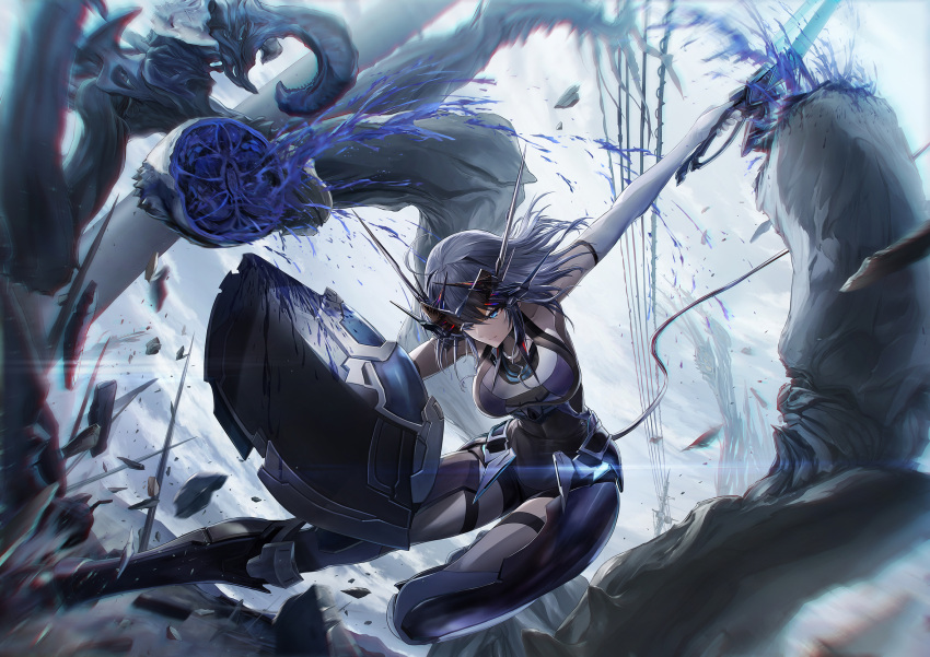 blood blue_blood blue_eyes blue_hair bodysuit breasts collarbone dark_blue_hair debris elbow_gloves female glint gloves goggles goggles_on_head headgear highres holding holding_shield holding_sword holding_weapon large_breasts leg_armor long_hair morichika_shuuto original power_lines shield sleeveless solo sword tail tentacle utility_pole weapon