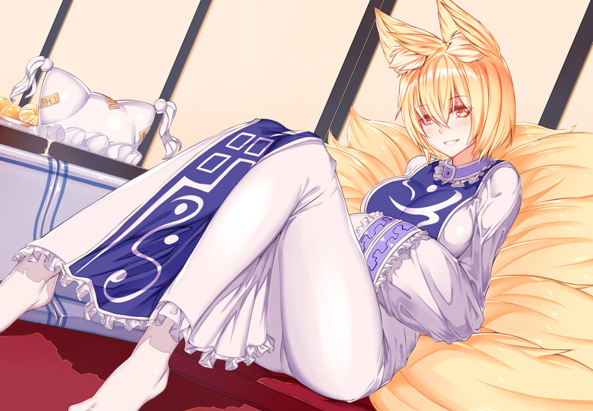 animal_humanoid big_breasts blonde_hair blush breasts canid canid_humanoid canine canine_humanoid clothed clothing detailed_background dress esg_(essagna) female fluffy fluffy_tail footwear fox_humanoid fully_clothed fur glistening glistening_hair grin hair hat headgear headwear humanoid inner_ear_fluff inside legwear light_body light_skin looking_at_viewer mammal mammal_humanoid monotone_body monotone_fur monotone_hair multi_tail ran_yakumo sitting slim smile socks solo tabard tail touhou tuft white_clothing white_dress yellow_eyes