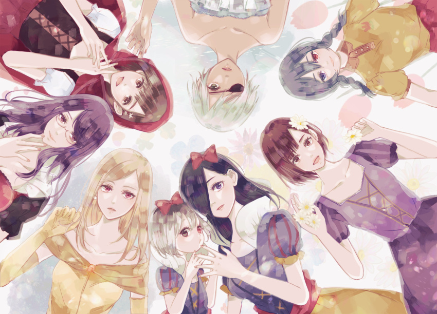 6+girls :d bad_id bad_pixiv_id bare_shoulders beauty_and_the_beast belle_(disney) belle_(disney)_(cosplay) blonde_hair bow braid cape collarbone cosplay cosplay_request dress earrings elbow_gloves eyepatch flower fueguchi_hinami gloves hair_flower hair_ornament hairbow hand_up highres hood hood_up jewelry kamishiro_rize kaneki_ichika kirishima_touka little_red_riding_hood_(grimm) little_red_riding_hood_(grimm)_(cosplay) long_hair looking_at_viewer lying mado_akira medium_hair mother_and_daughter multicolored_hair multiple_girls mutsuki_tooru on_back orange_gloves puffy_short_sleeves puffy_sleeves purple_hair red_bow red_cape red_nails short_sleeves sleeping_beauty sleeping_beauty_(character) sleeping_beauty_(character)_(cosplay) smile snow_white_(disney) snow_white_(disney)_(cosplay) snow_white_and_the_seven_dwarfs tokyo_ghoul tokyo_ghoul:re toukaairab twin_braids two-tone_hair yonebayashi_saiko