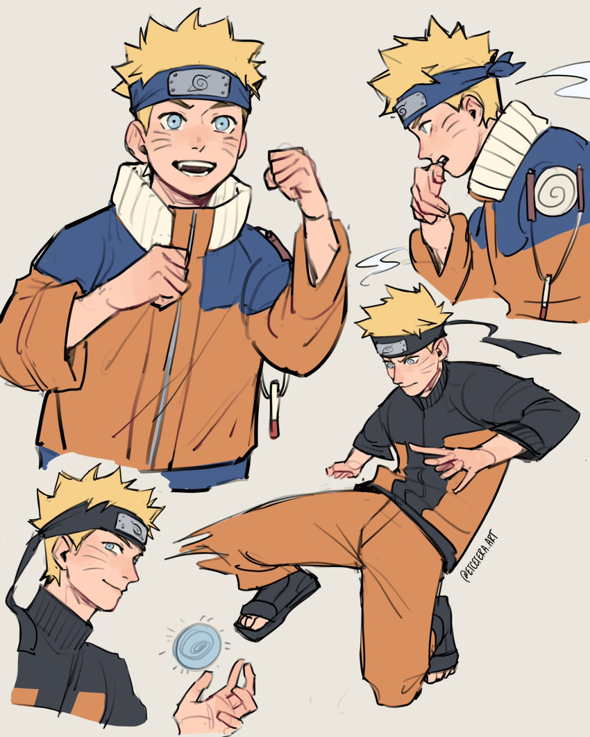 1boy age_progression blonde_hair blue_eyes blush collage commentary cropped_torso english_commentary etceteraart facial_mark forehead_protector full_body highres jacket male_focus multiple_views naruto:_the_last naruto_(series) naruto_shippuuden ninja orange_pants pants rasengan short_hair smile uzumaki_naruto whisker_markings zipper