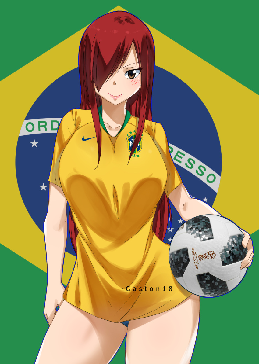 2018_fifa_world_cup absurdres artist_name ball blush brazilian_flag breasts brown_eyes collarbone cowboy_shot erza_scarlet fairy_tail female gaston18 hair_over_one_eye highres holding holding_ball large_breasts long_hair looking_at_viewer panties red_hair shirt short_sleeves smile soccer_ball soccer_uniform solo sportswear standing underwear watermark world_cup