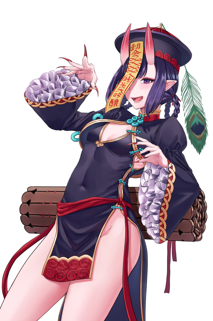 absurdres black_dress black_hat blush bob_cut braid braided_hair_rings breasts china_dress chinese_clothes cleavage_cutout clothing_cutout commentary dress eyeliner fate/grand_order fate_(series) female frills hair_rings hat highres horns incloud jiangshi long_sleeves looking_at_viewer makeup ofuda oni open_mouth peacock_feathers pelvic_curtain pointy_ears purple_eyes purple_hair qingdai_guanmao short_hair shuten_douji_(fate) shuten_douji_(festival_outfit)_(fate) skin-covered_horns small_breasts smile solo talisman thighs twin_braids wide_sleeves