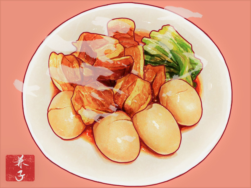 egg egg_(food) food food_focus hardboiled_egg highres kaneko_ryou meat no_humans original plate realistic sauce simple_background steam still_life vegetable