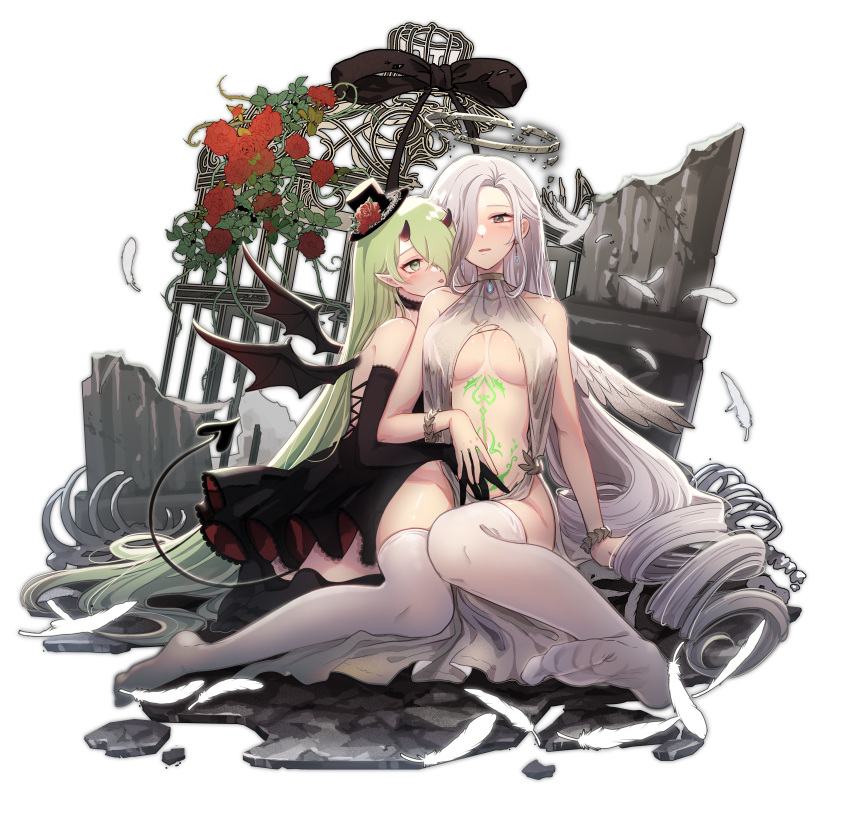 2girls absurdres angel angel_and_devil angel_wings birdcage breasts broken_halo cage cleavage commission commissioner_upload demon_girl demon_wings dress feathers green_hair hair_over_one_eye halo highres horns large_breasts long_hair multiple_girls naozi no_shoes non-web_source oni_horns original simple_background thighhighs underboob very_long_hair white_background white_hair wings yuri