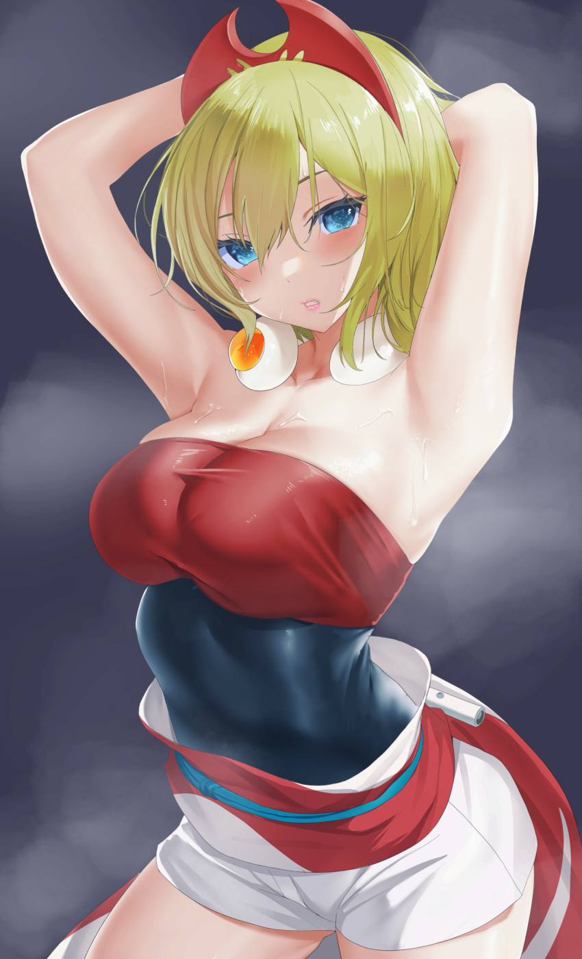 absurdres armpits arms_behind_head bare_shoulders blonde_hair blue_eyes breasts cleavage commentary_request female hair_between_eyes highres irida_(pokemon) large_breasts lips looking_at_viewer parted_lips pokemon pokemon_legends:_arceus ratsuku_kinoko short_hair shorts solo sweat white_shorts