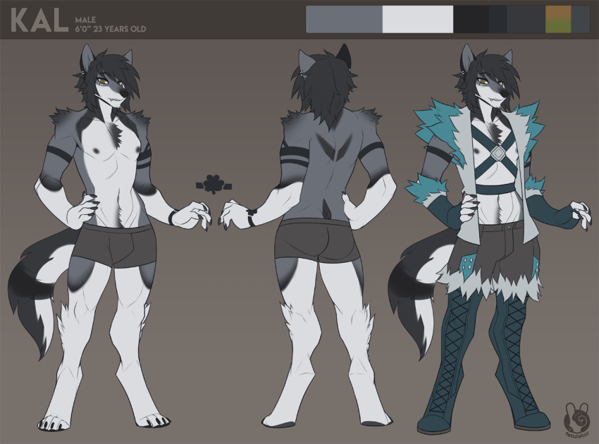 anthro bottomwear canid canine canis clothed clothing digitigrade fetalstar fur grey_body grey_fur kal_(kallaidyaus) male mammal model_sheet shorts solo standing topless underwear wolf