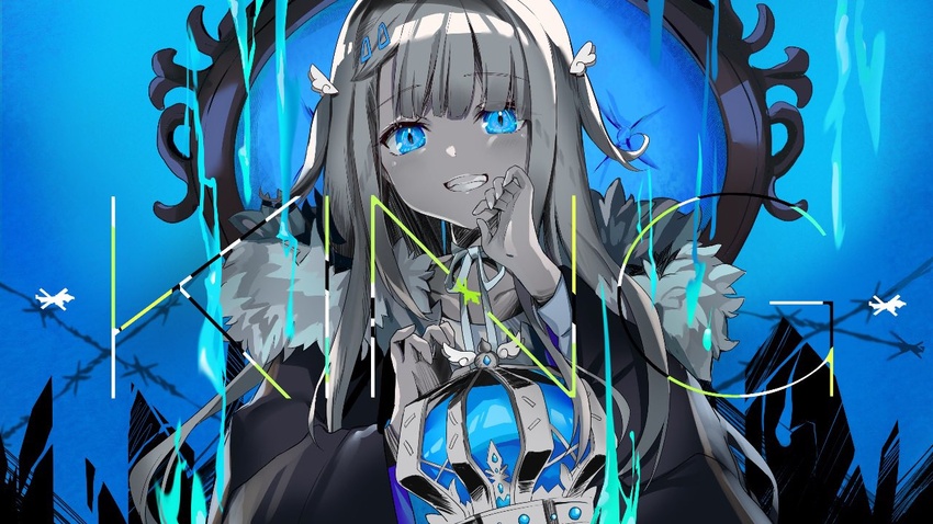 amatsuka_uto barbed_wire black_collar blue_background blue_eyes blue_theme blush chair coat collar commentary crown english_commentary english_text female fur-trimmed_coat fur_trim grin hair_ornament hairclip holding holding_crown indie_virtual_youtuber king_(vocaloid) long_hair looking_at_viewer nana_kagura official_art second-party_source smile solo song_name straight-on teeth throne unworn_crown virtual_youtuber