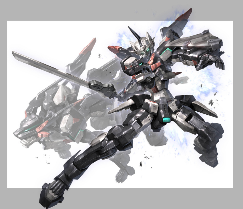 blue_eyes border box_art code_beast grey_border highres holding holding_sword holding_weapon hundred_edge mecha morishita_naochika multiple_views no_humans official_art open_hand robot science_fiction sword v-fin weapon white_background