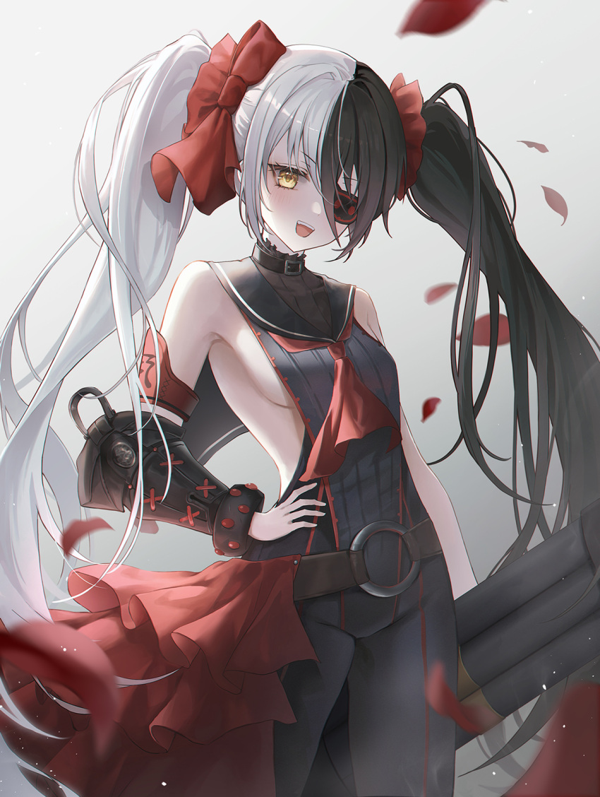 bare_shoulders black_hair blade_&_soul blush breasts detached_sleeves eyepatch falling_petals female gradient_background grey_background hair_between_eyes hair_ornament heeri highres long_sleeves looking_at_viewer multicolored_hair one_eye_closed petals pohwaran small_breasts smile solo twintails two-tone_hair white_hair yellow_eyes